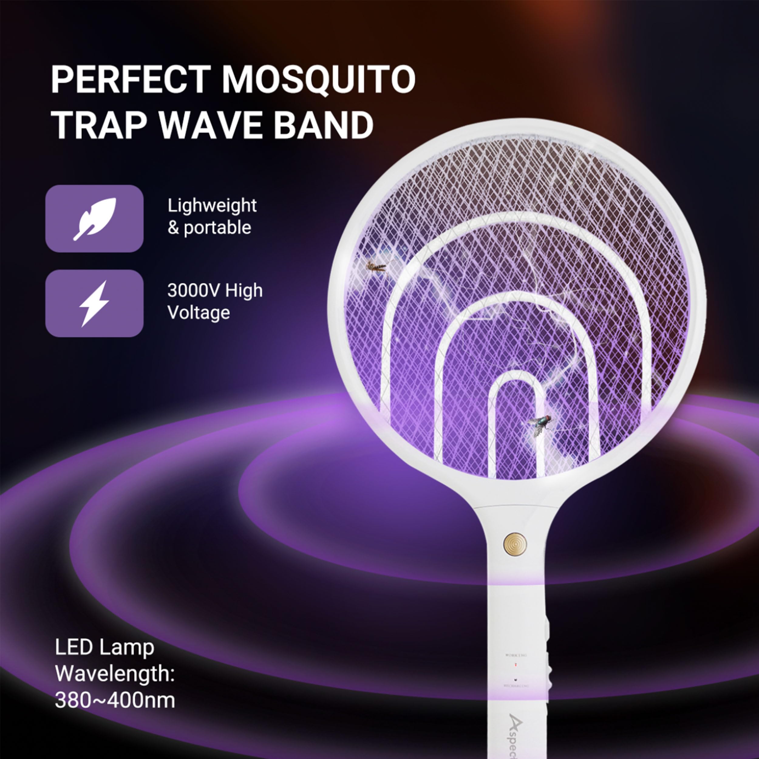 Aspectek dual-mode mosquito killer showcases handheld zap and stand placement options.