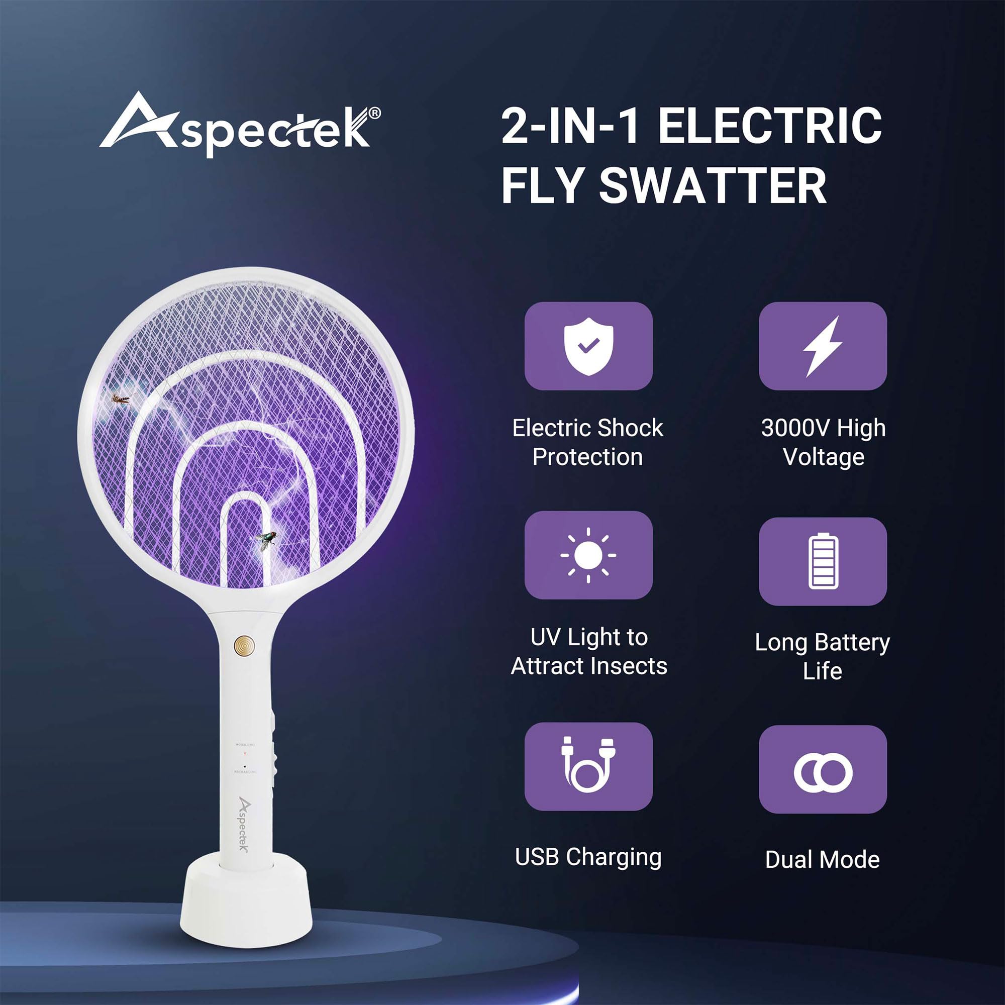 Aspectek electric fly swatter 3000V side view highlighting the slim handle for easy grip.