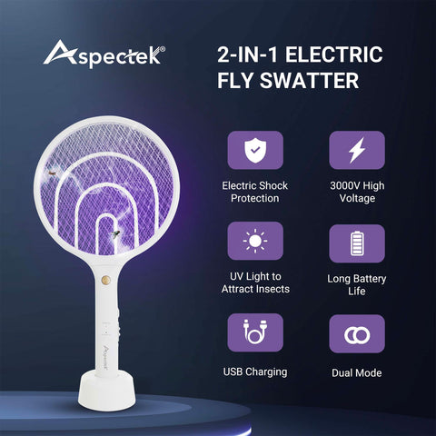 Aspectek electric fly swatter 3000V side view highlighting the slim handle for easy grip.