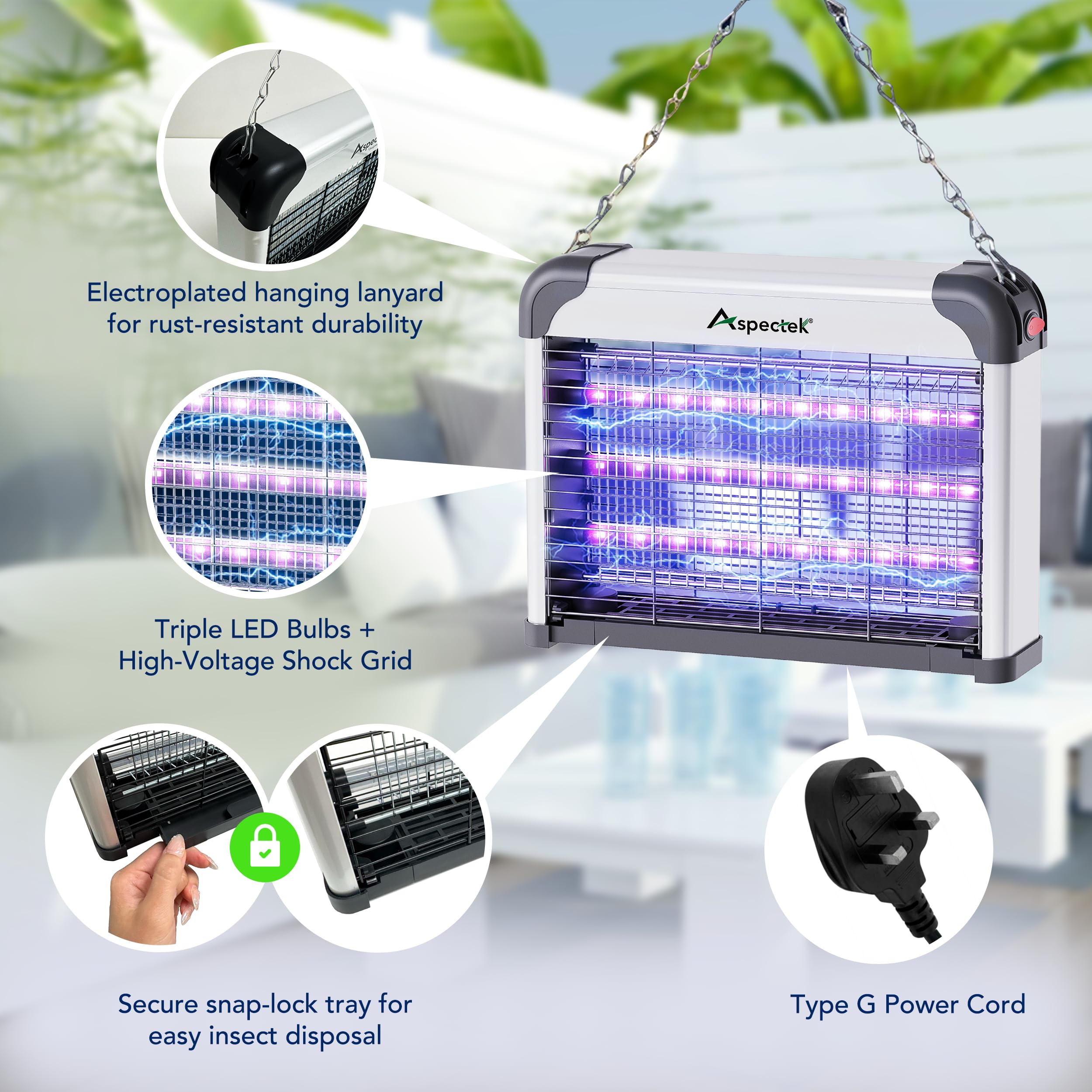 Aspectek LED bug zapper side view highlighting dual lamps attracting pests