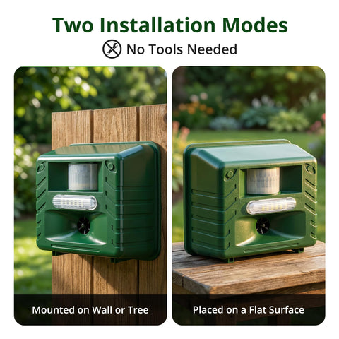 ASPECTEK outdoor pest repeller side view highlights motion sensing for responsive yard protection