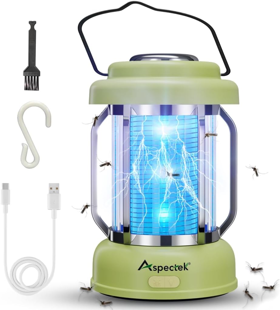 Aspectek waterproof bug zapper lantern on patio attracts and eliminates flying insects outdoors.