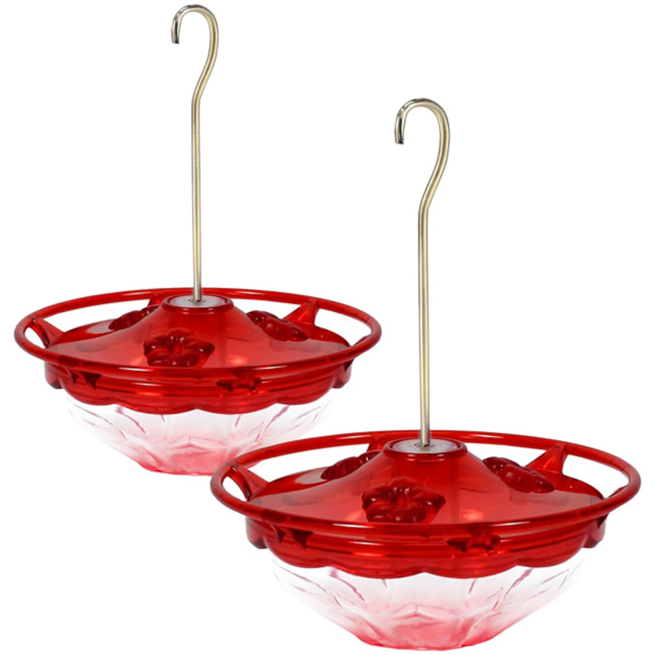 Aspects HummBlossom feeder rose two-pack front view attracts hummingbirds to multiple stations.