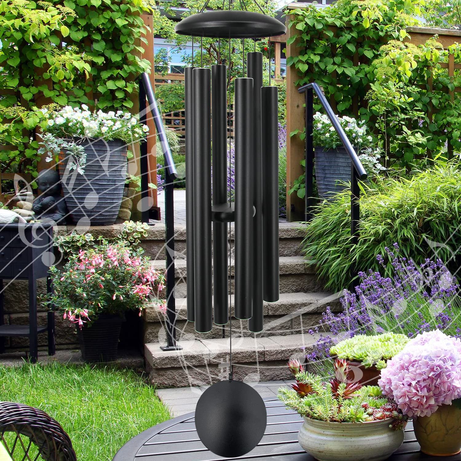 ASTARIN memorial wind chimes in black, 45 inch frame with six tubes for outdoor gardens
