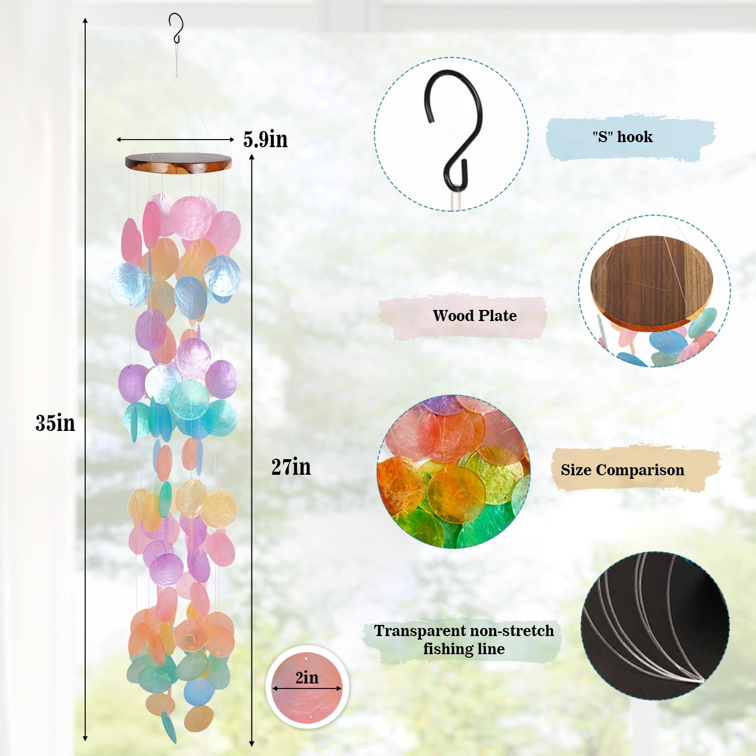 ASTARIN rainbow-capiz-shell wind chime close-up highlights iridescent shells for serene ambience.