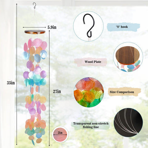 ASTARIN rainbow-capiz-shell wind chime close-up highlights iridescent shells for serene ambience.