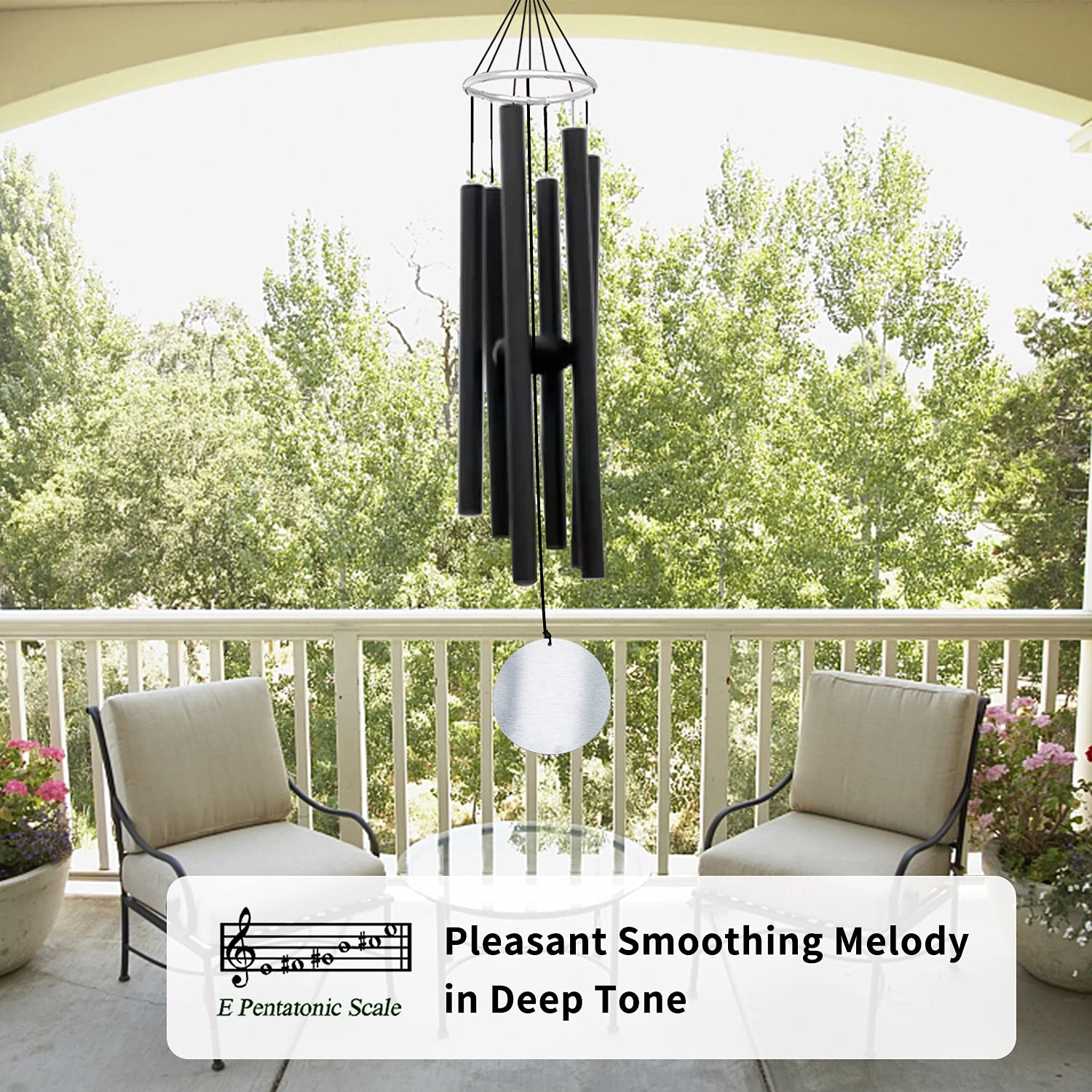 ASTARIN wind chimes black finish exterior blends with modern outdoor decor.