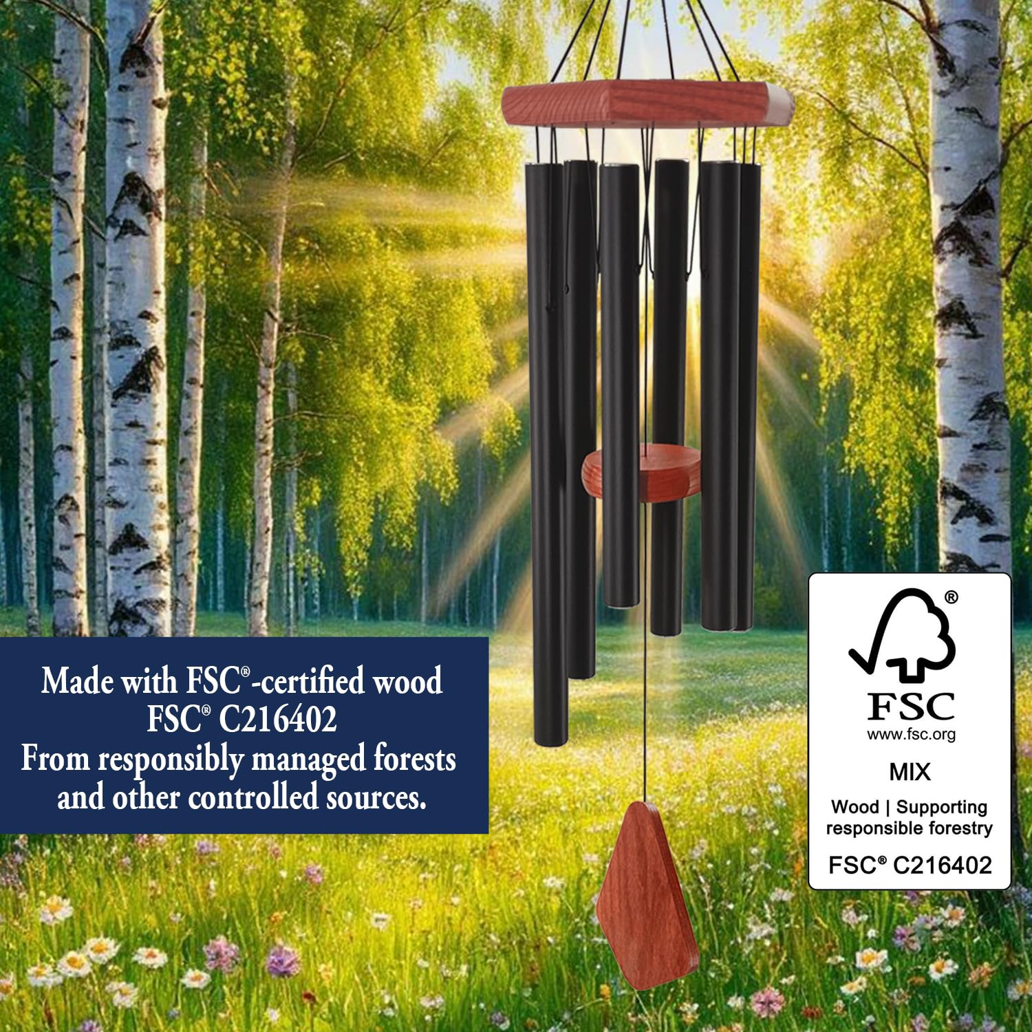 ASTARIN wind chimes FSC-certified wood striker adds tactile focal point