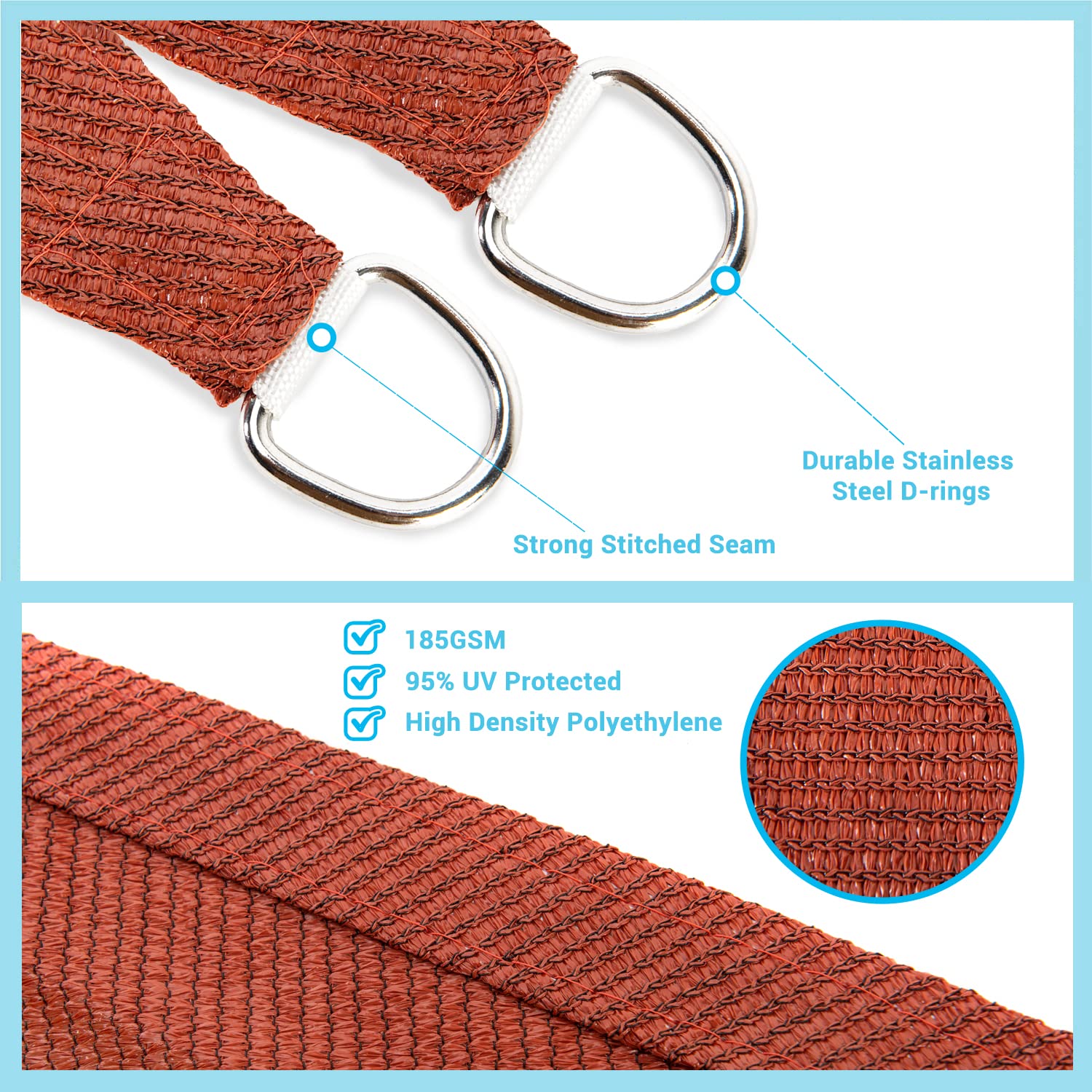 AsterOutdoor D-rings and stitching on sail close-up.