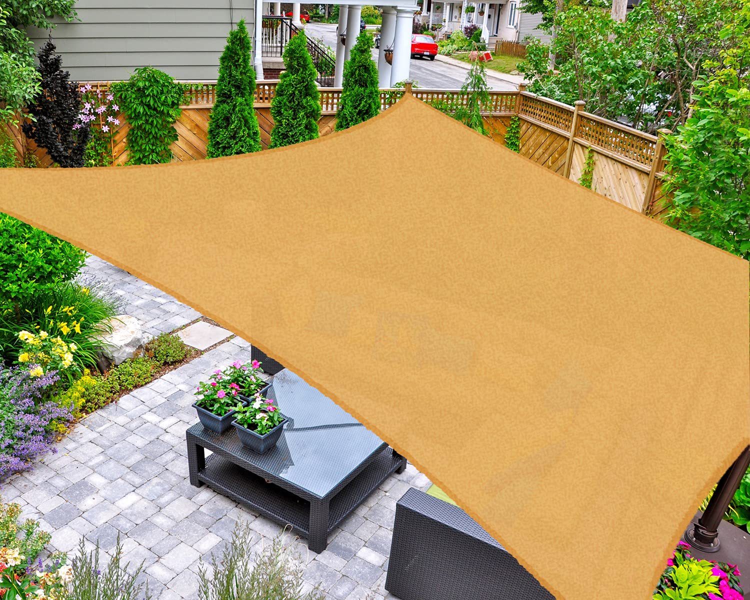 AsterOutdoor Sun Shade Sail Rectangle in Sand provides patio shade and UV protection.