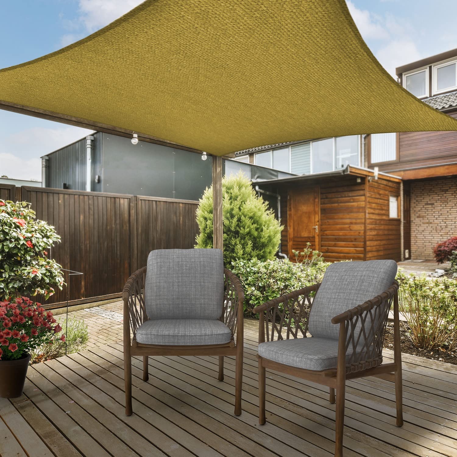 AsterOutdoor rectangle shade sail in Sand fits porches, decks and backyards.
