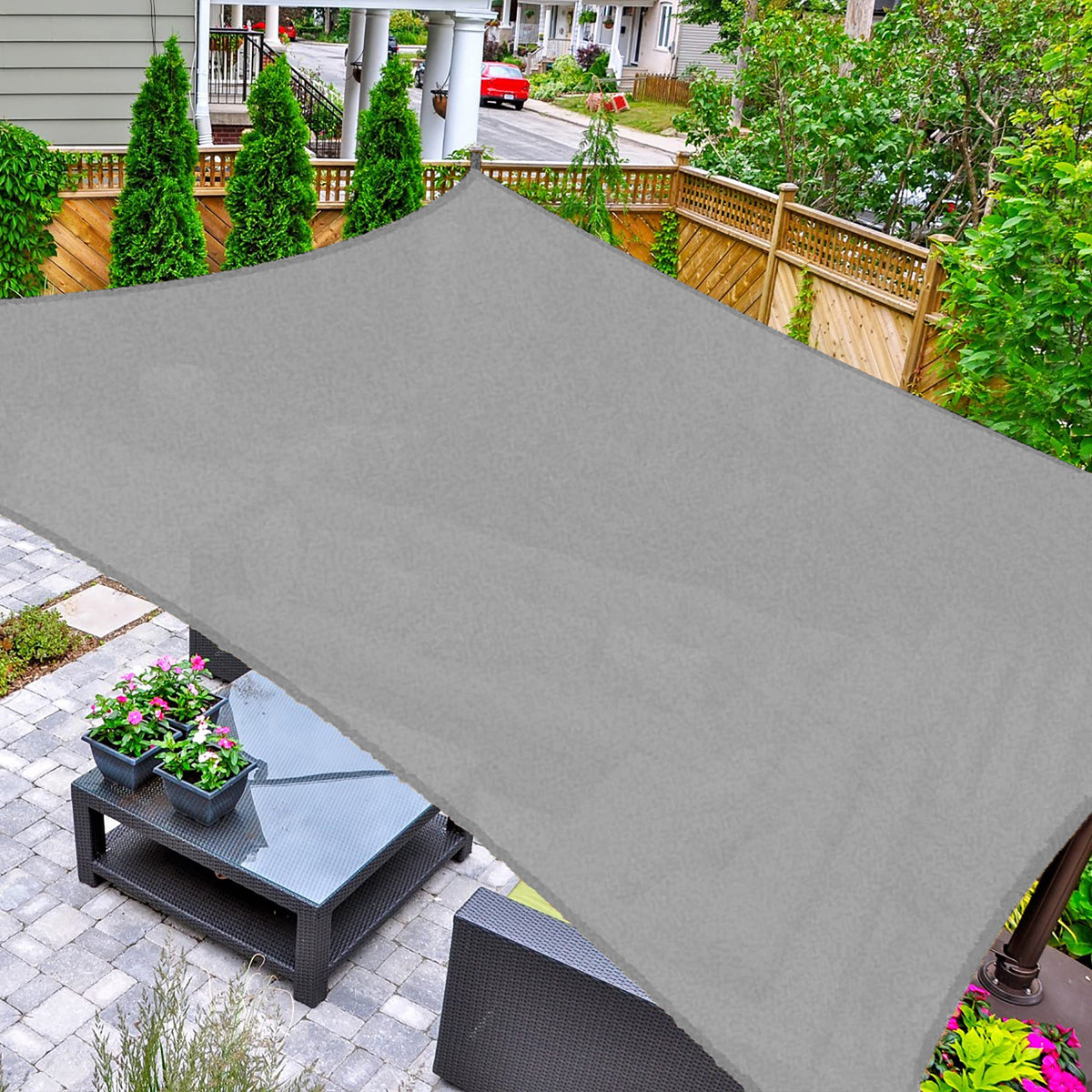 AsterOutdoor gray rectangle shade sail blocks 95% UV for patios.