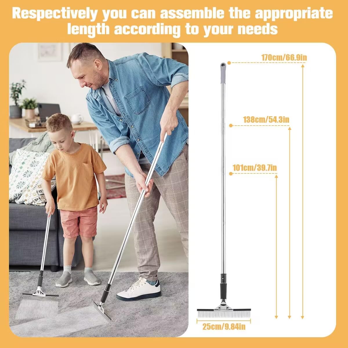 Astfys big carpet rake extended handle for ergonomic cleaning reach.