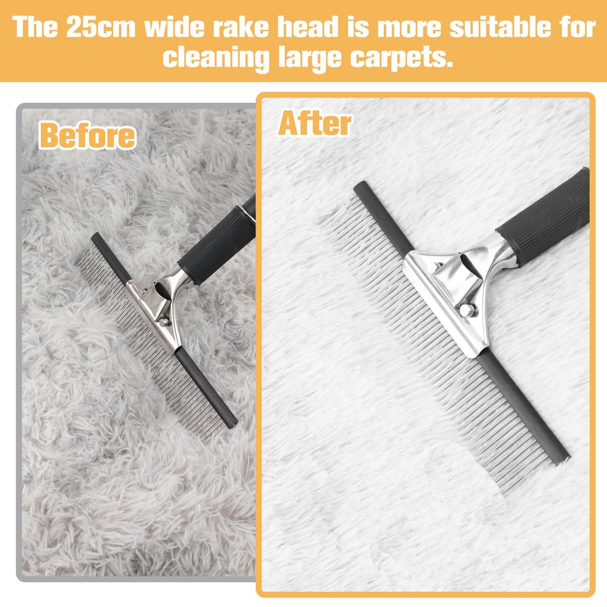 Astfys big carpet rake removes pet hair from loose pile carpets efficiently.