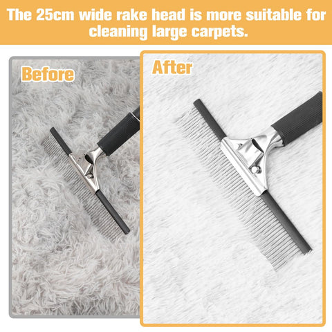 Astfys big carpet rake removes pet hair from loose pile carpets efficiently.