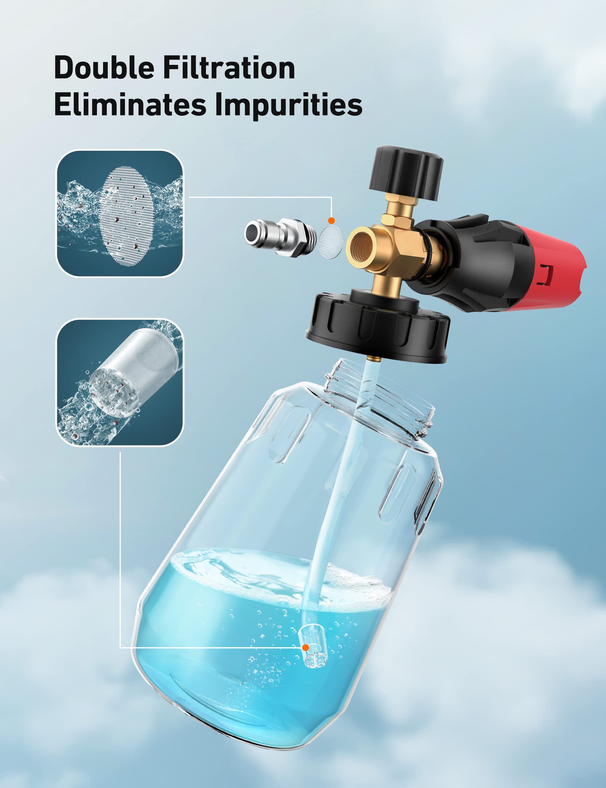 AstroAI foam cannon adjustable nozzle delivers thick foam for thorough cleaning.