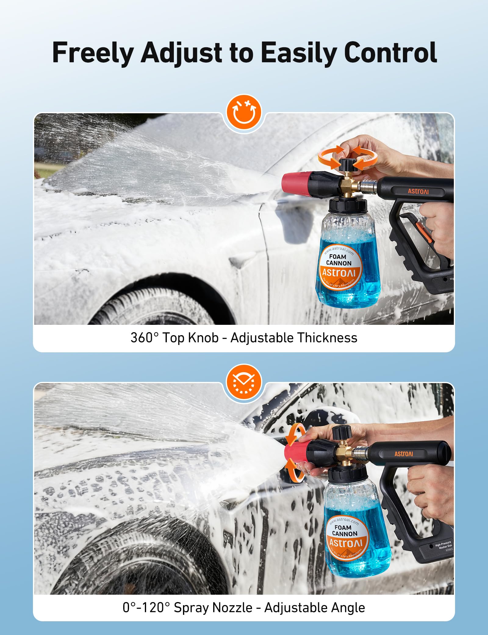 AstroAI Foam Cannon calibration marks help mix solutions accurately