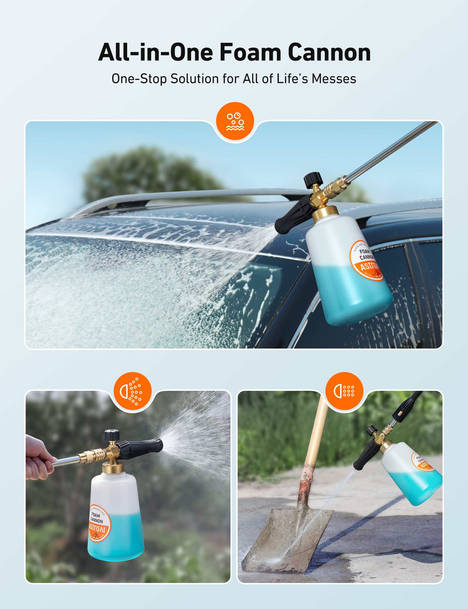 AstroAI foam cannon not for garden hoses; usage note clearly indicated.