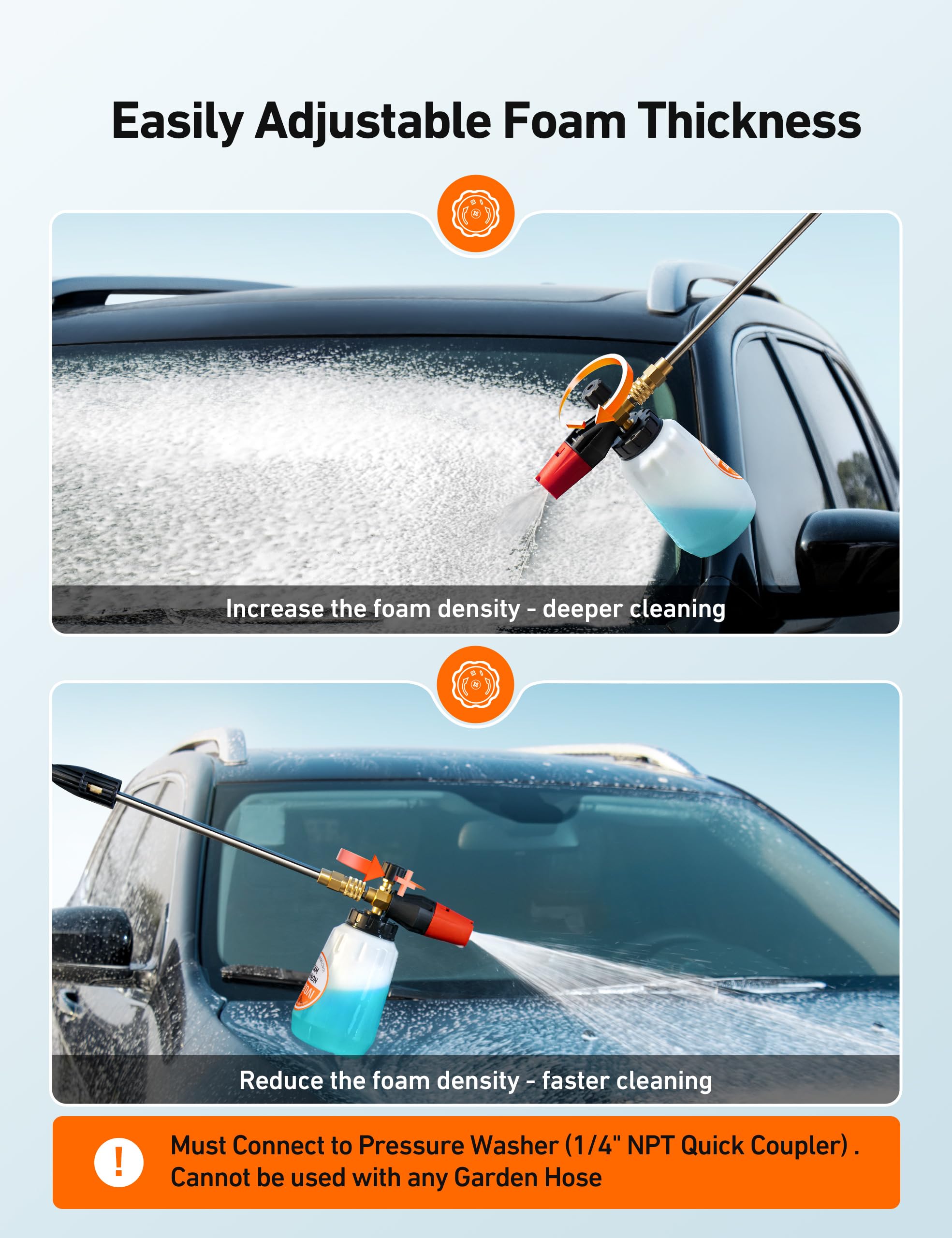 AstroAI foam cannon 1/4 inch quick connector fits most pressure washers securely.