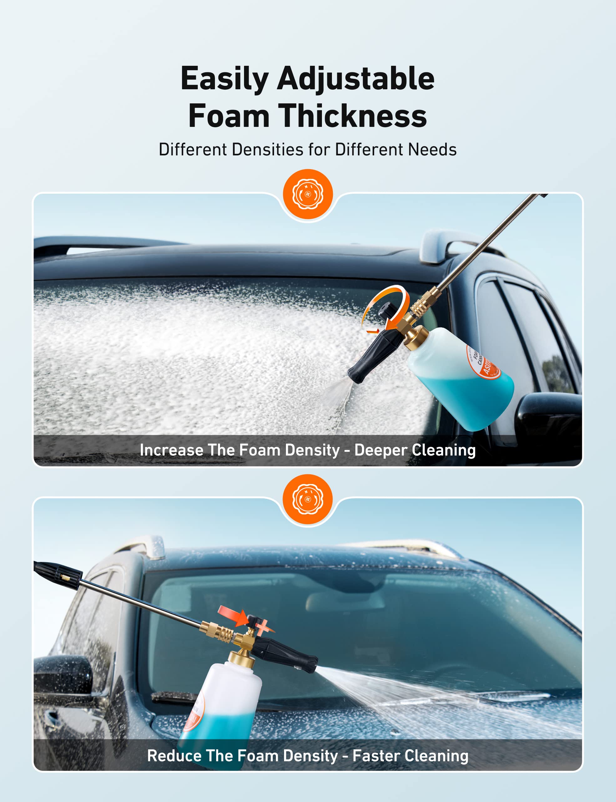 AstroAI foam cannon wide mouth design reduces neck cracking during refills.