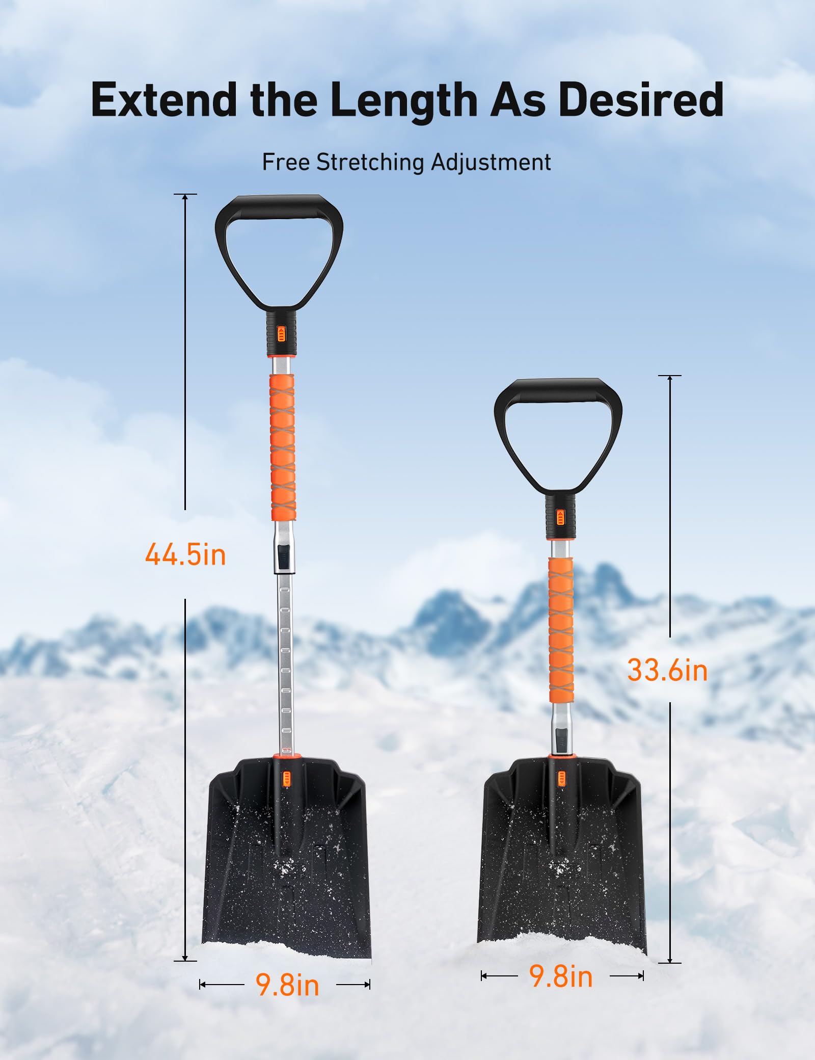 AstroAI versatile snow shovel suitable for driveways, cars, and outdoor adventures.