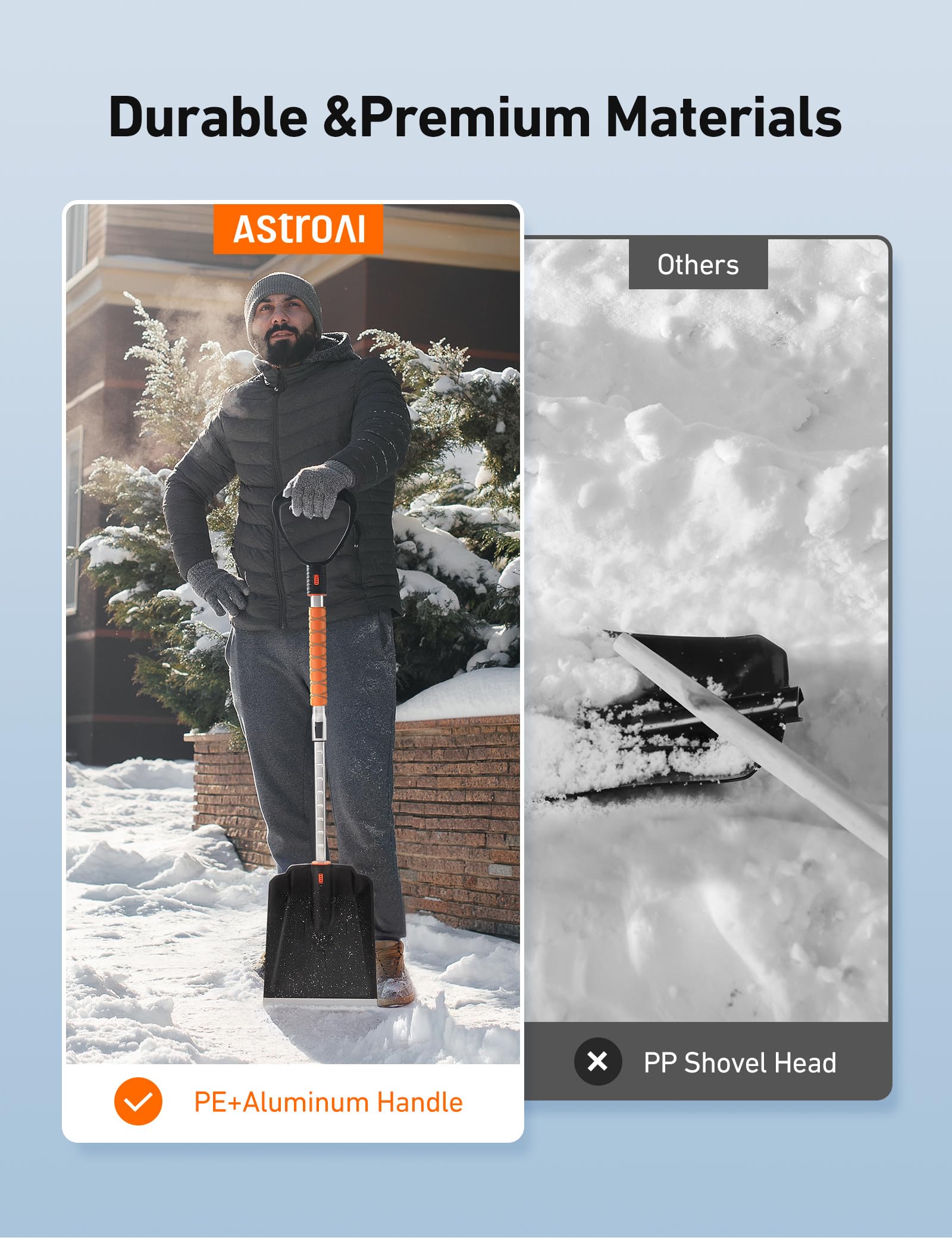AstroAI portable snow shovel stores compactly in a trunk for emergencies.
