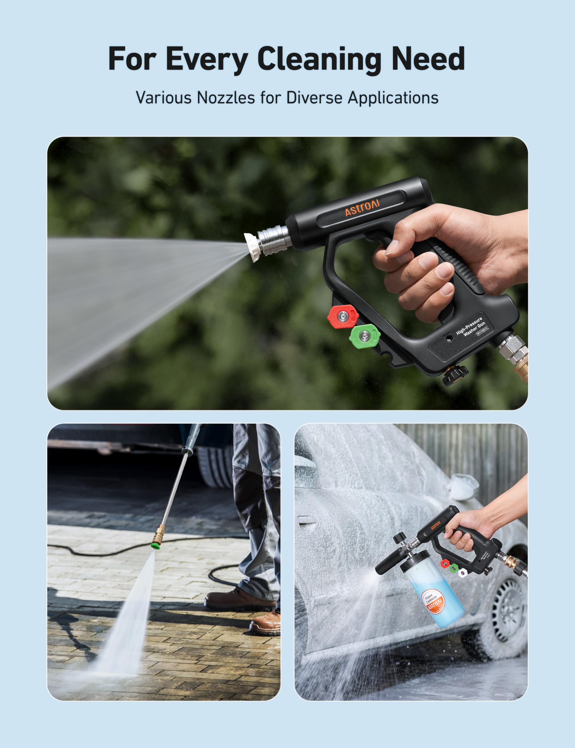 Warning that this gun is not for garden hoses and requires a pressure washer.