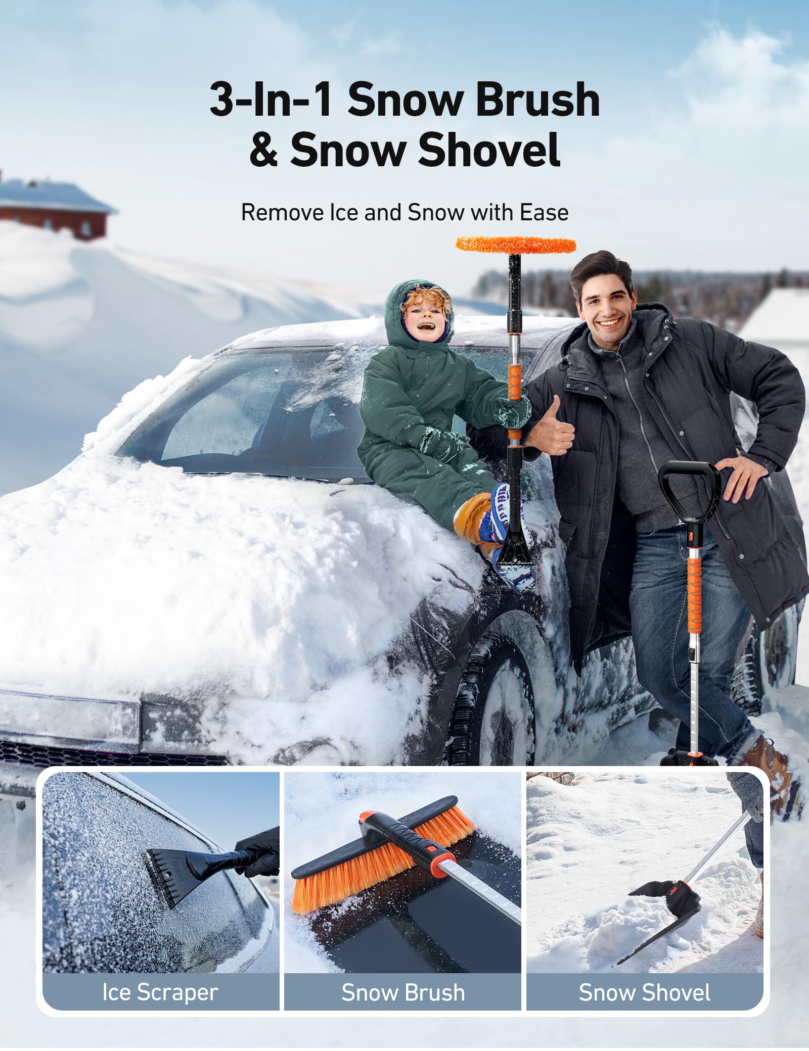 AstroAI snow brush with foam grip for comfortable handling.