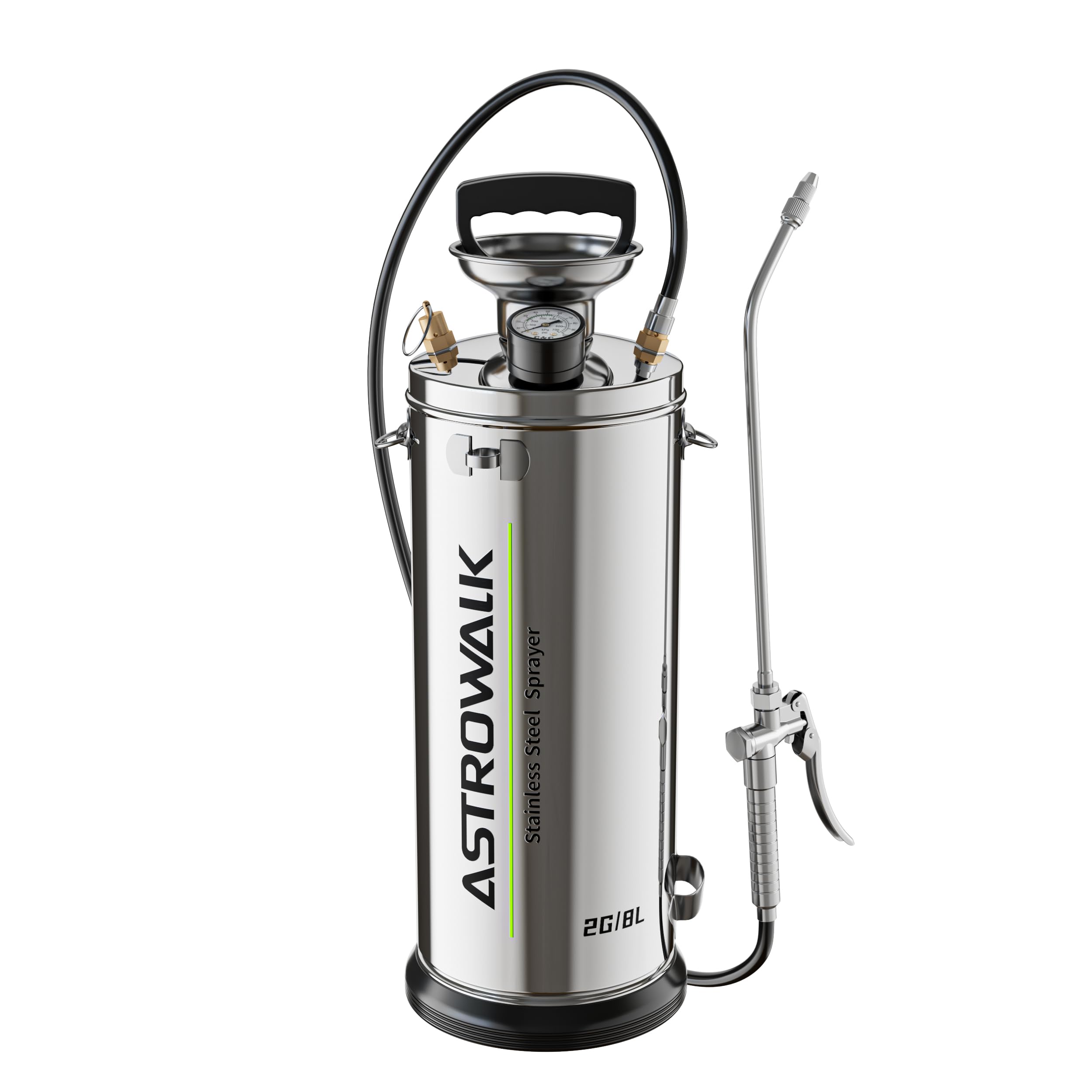 ASTRWK 2-gallon pump sprayer tank shows durable all-steel construction for tough jobs.