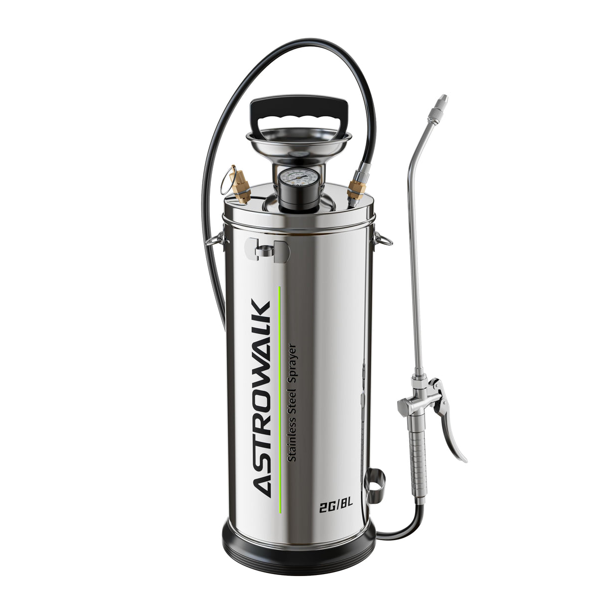 ASTRWK 2-gallon pump sprayer tank shows durable all-steel construction for tough jobs.