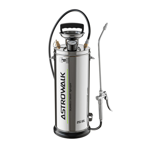 ASTRWK 2-gallon pump sprayer tank shows durable all-steel construction for tough jobs.