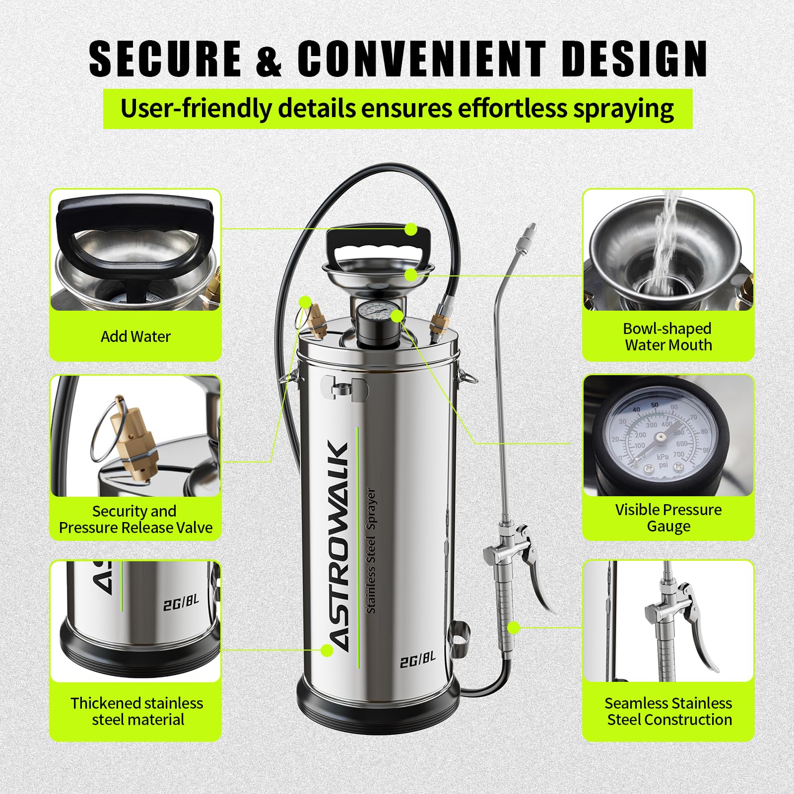 ASTRWK 2-gallon sprayer wand demonstrates extended reach for hard-to-reach areas.