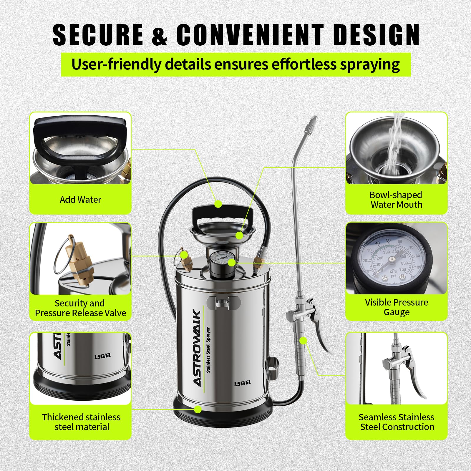 ASTRWK adjustable nozzle enables versatile spray patterns for different tasks.