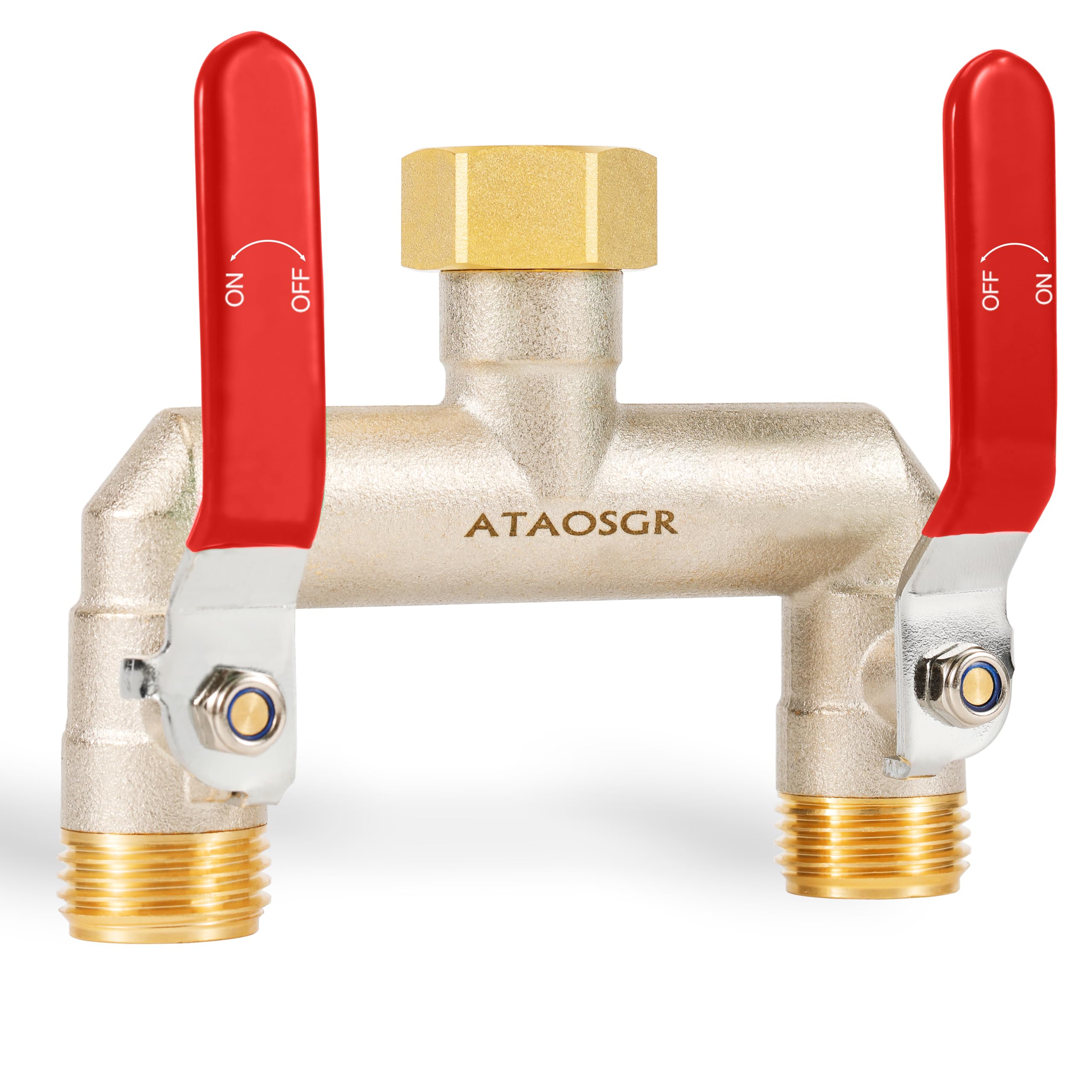 ATAOSGR garden hose splitter with two outlets enabling simultaneous watering tasks.
