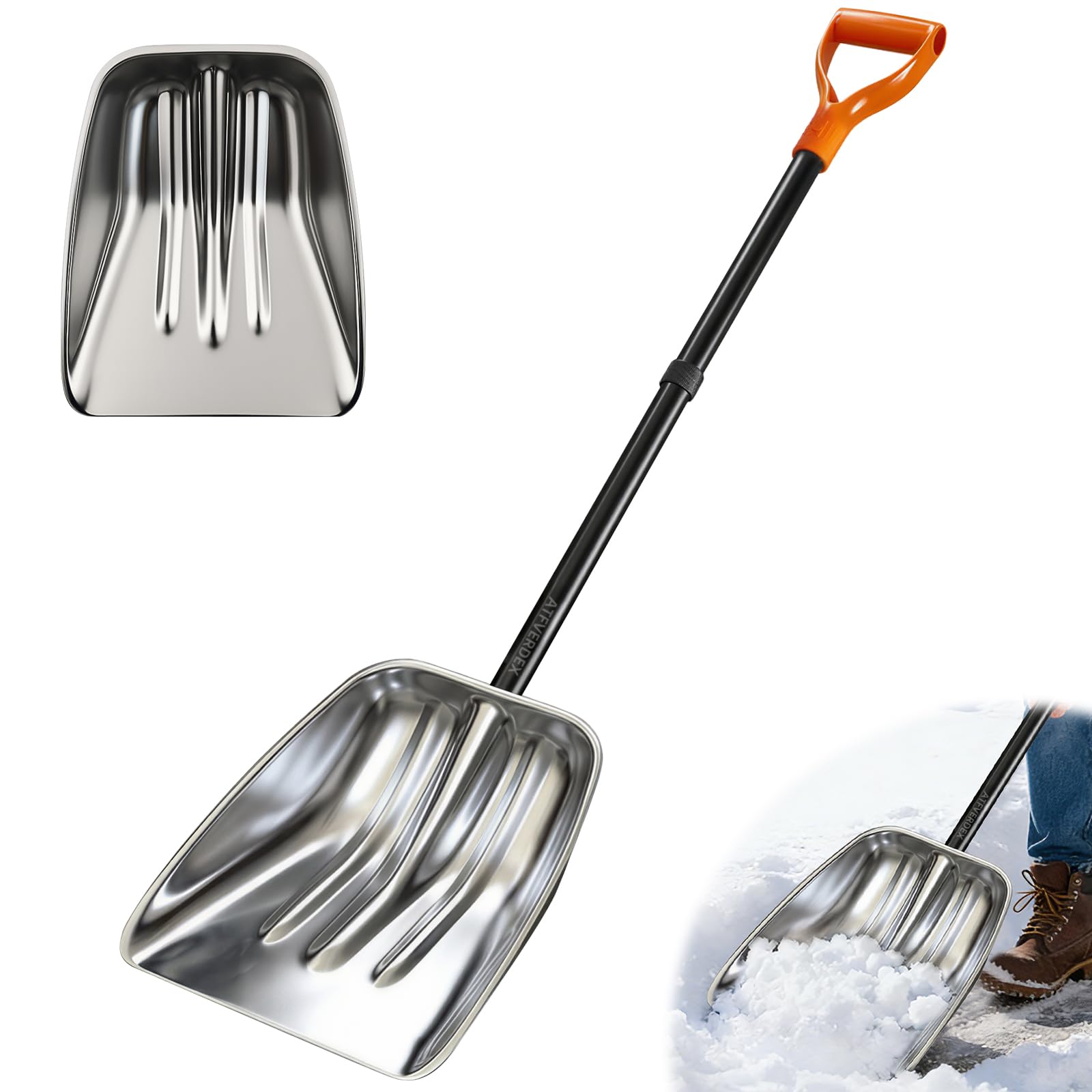 ATFVERDEX metal snow shovel with D-shaped handle for comfortable grip and precise clearing.
