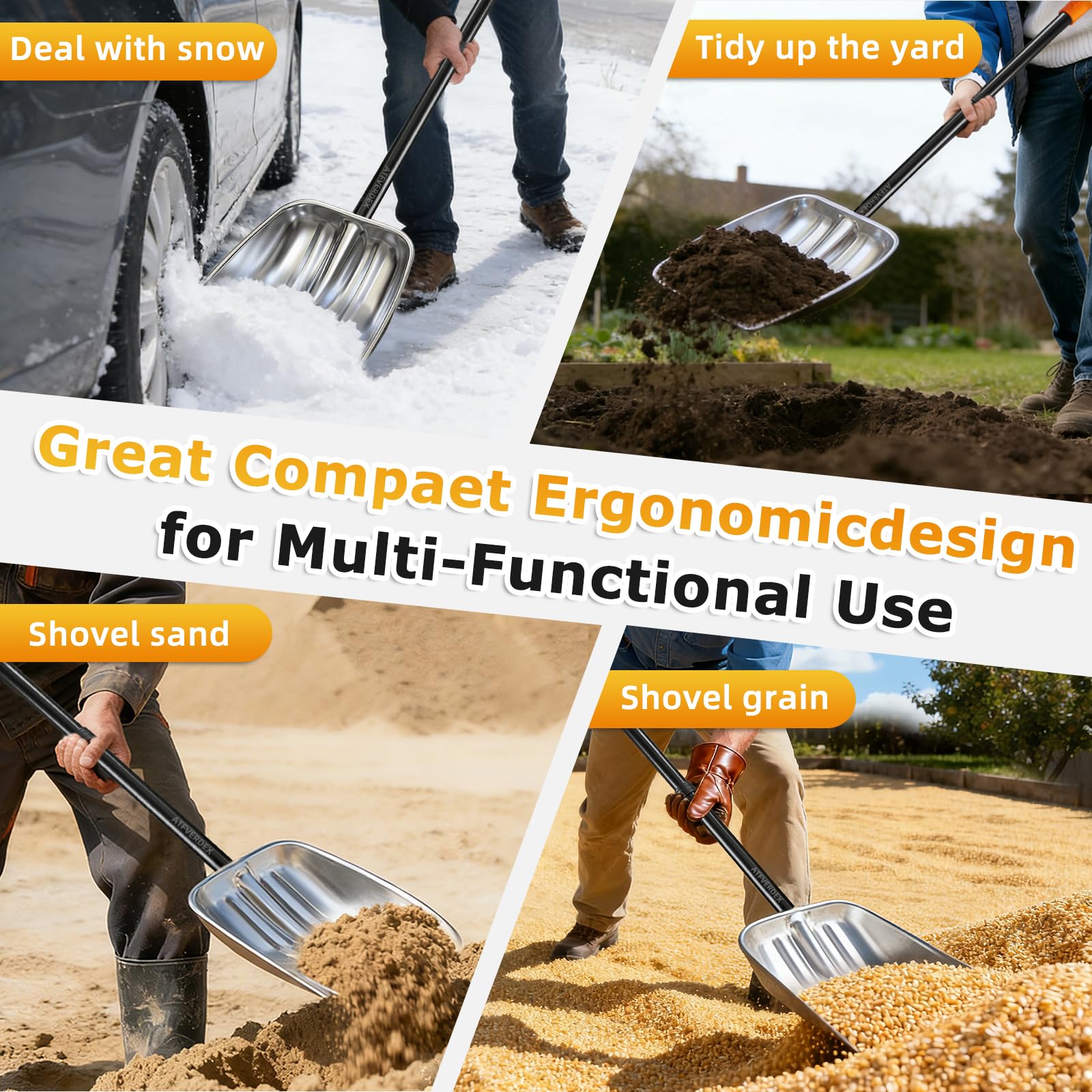 ATFVERDEX multi-purpose snow shovel doubles as grain, leaves, or debris scoop.