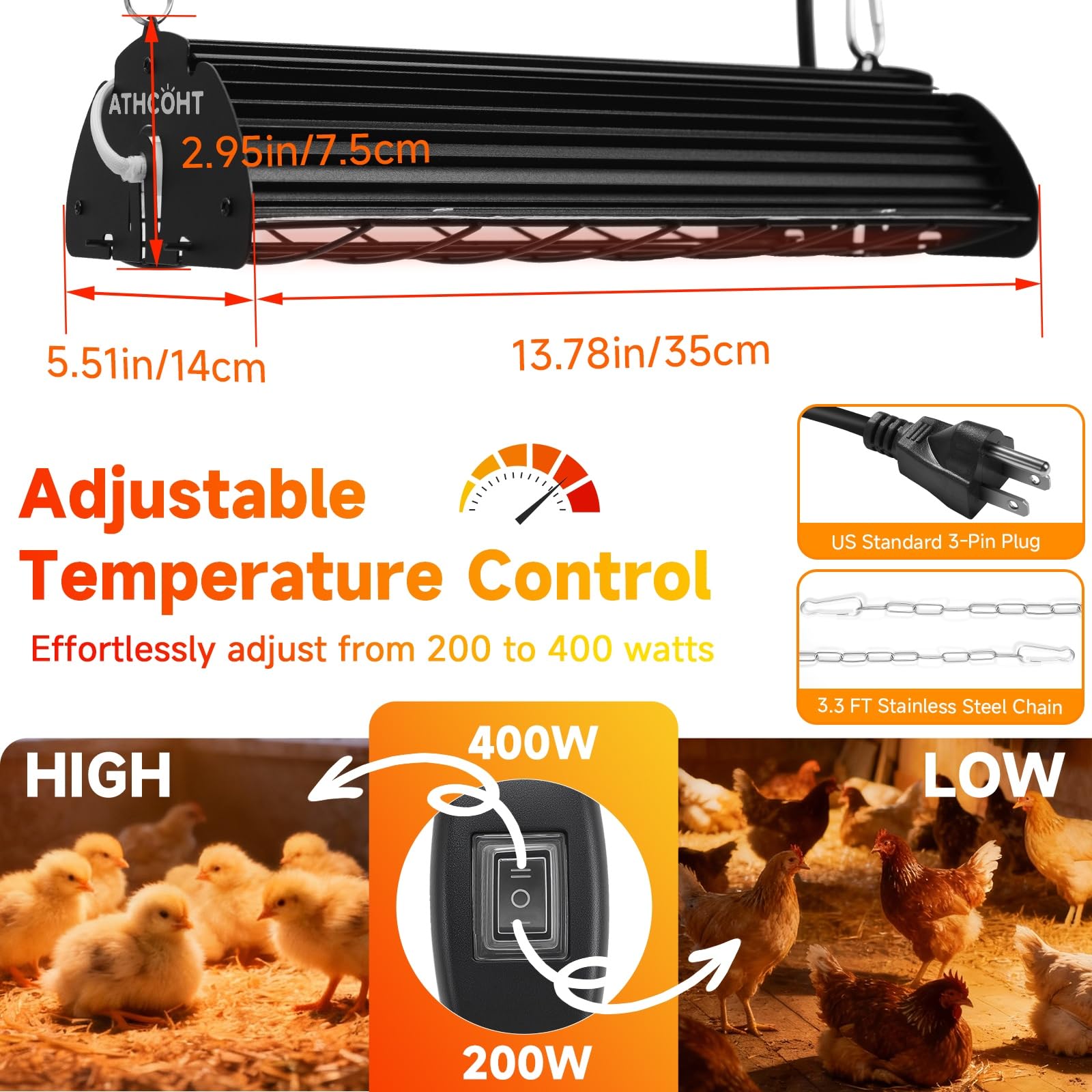 ATHCOHT IP67 waterproof and dustproof design protects the lamp in damp coops.