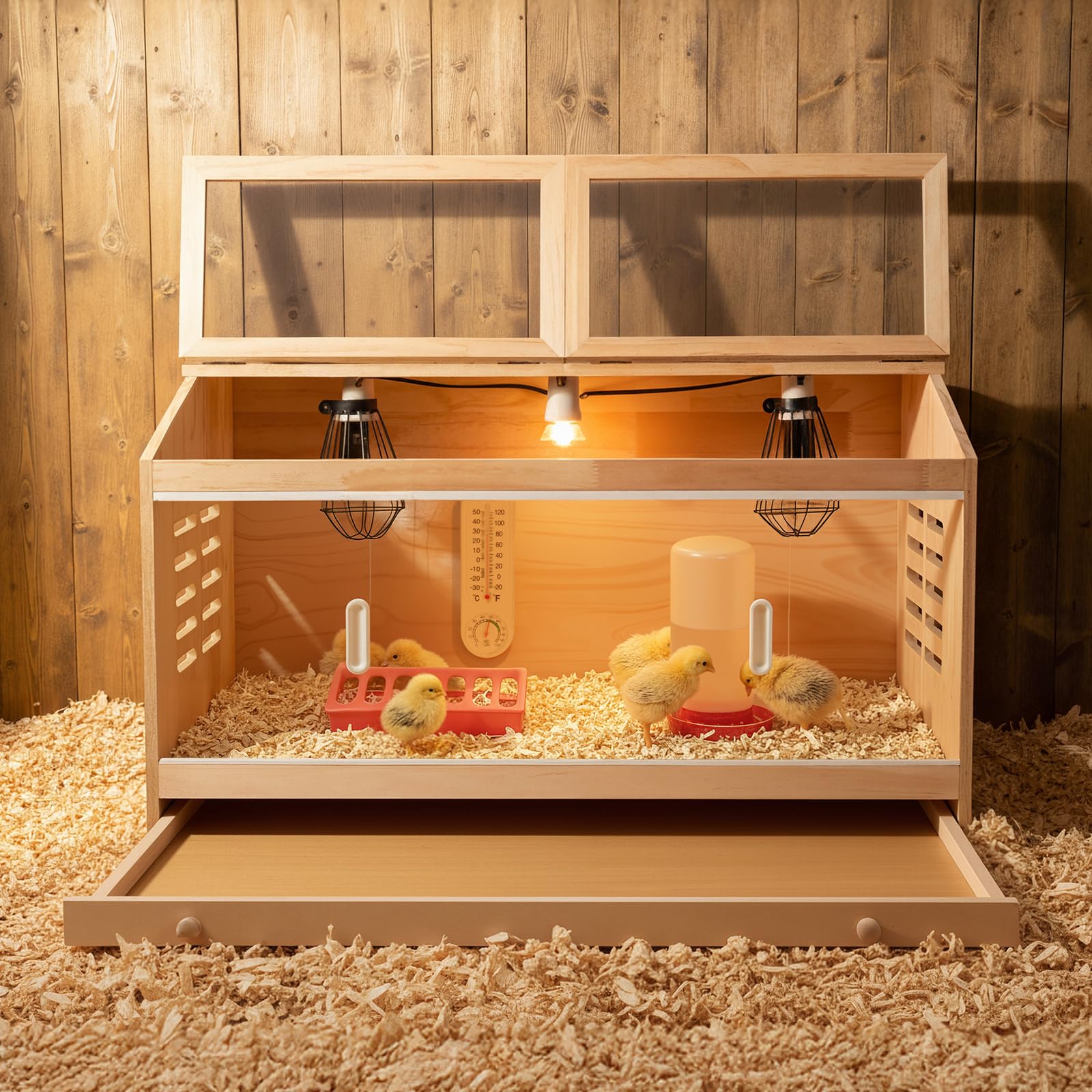 ATHCOHT large drawers brooder box front view for warm chicks and easy monitoring.