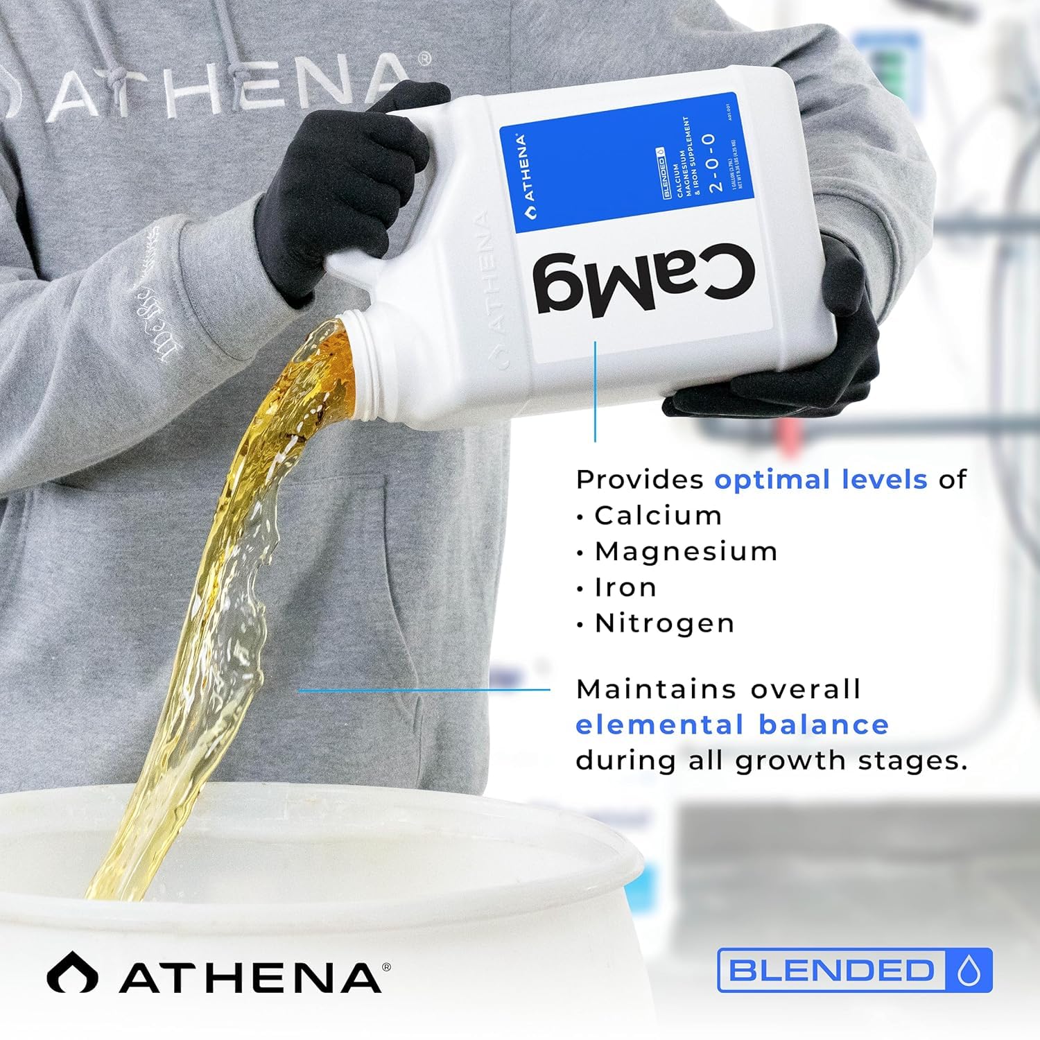 Athena Cal-Mag label closeup highlighting nutrients for plants