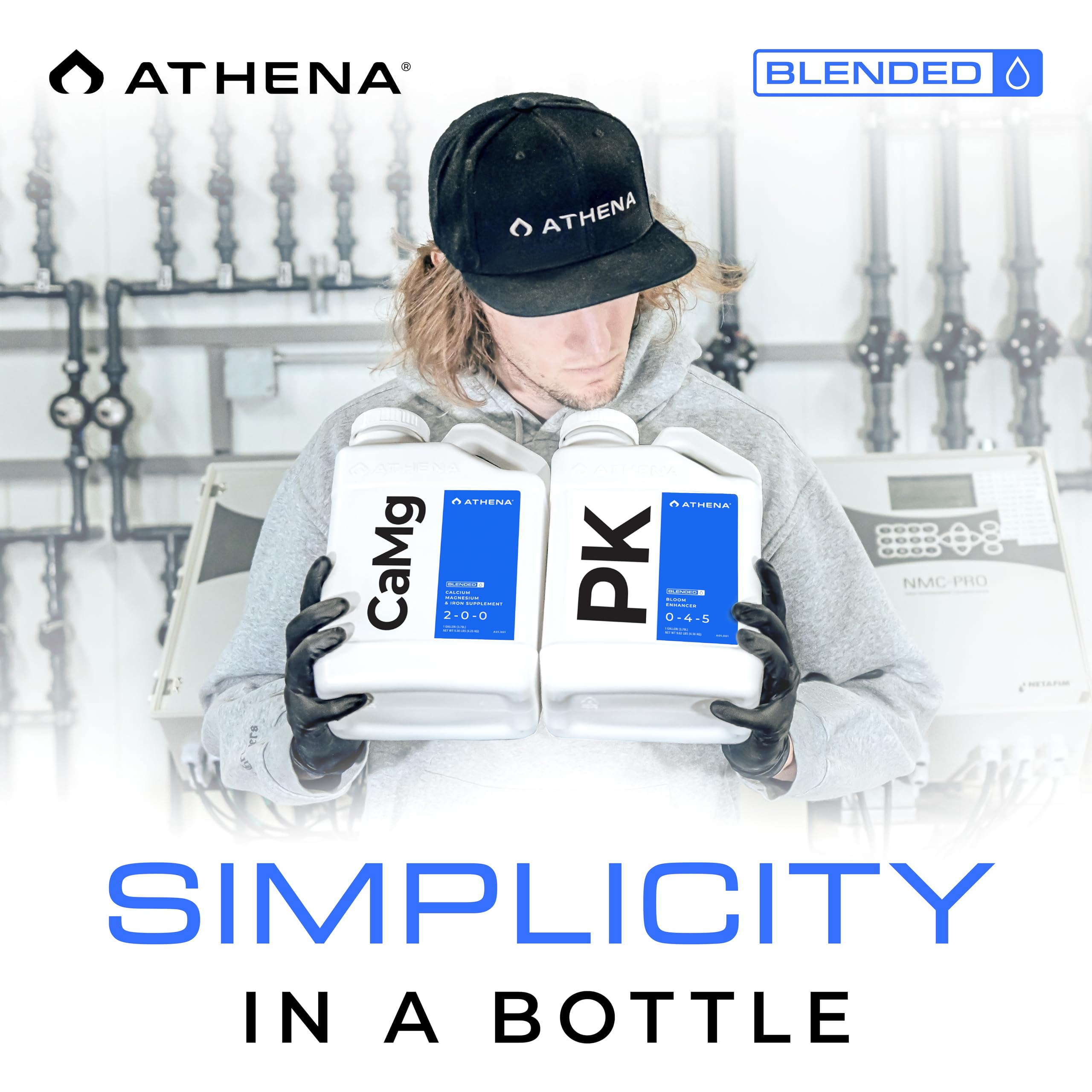 Athena CaMg bottle beside measuring cup for easy dosing
