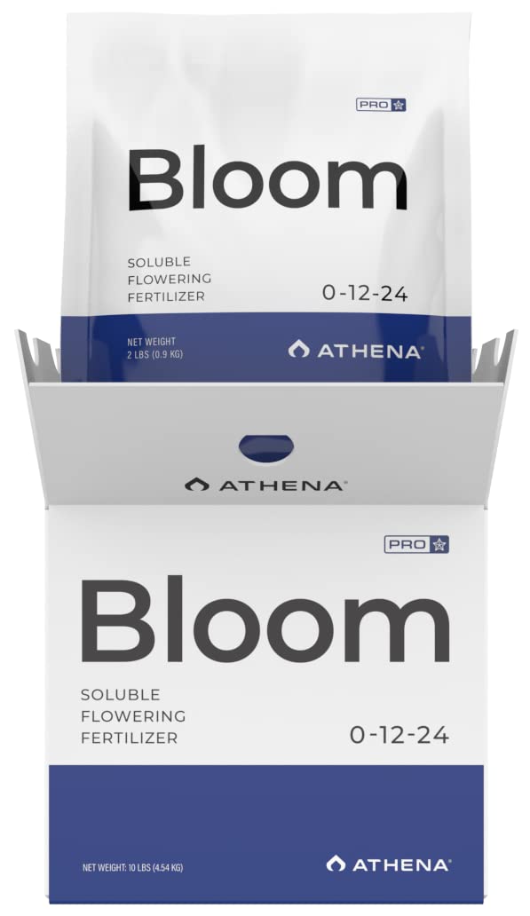 Athena Pro Bloom bottle closeup, premium bloom nutrients for vibrant flowering in hydroponics.