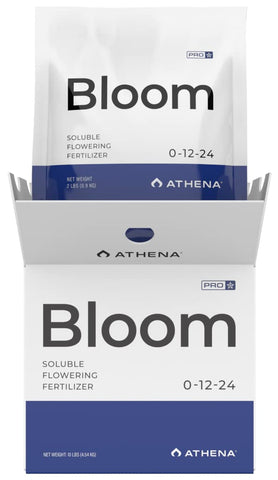 Athena Pro Bloom bottle closeup, premium bloom nutrients for vibrant flowering in hydroponics.
