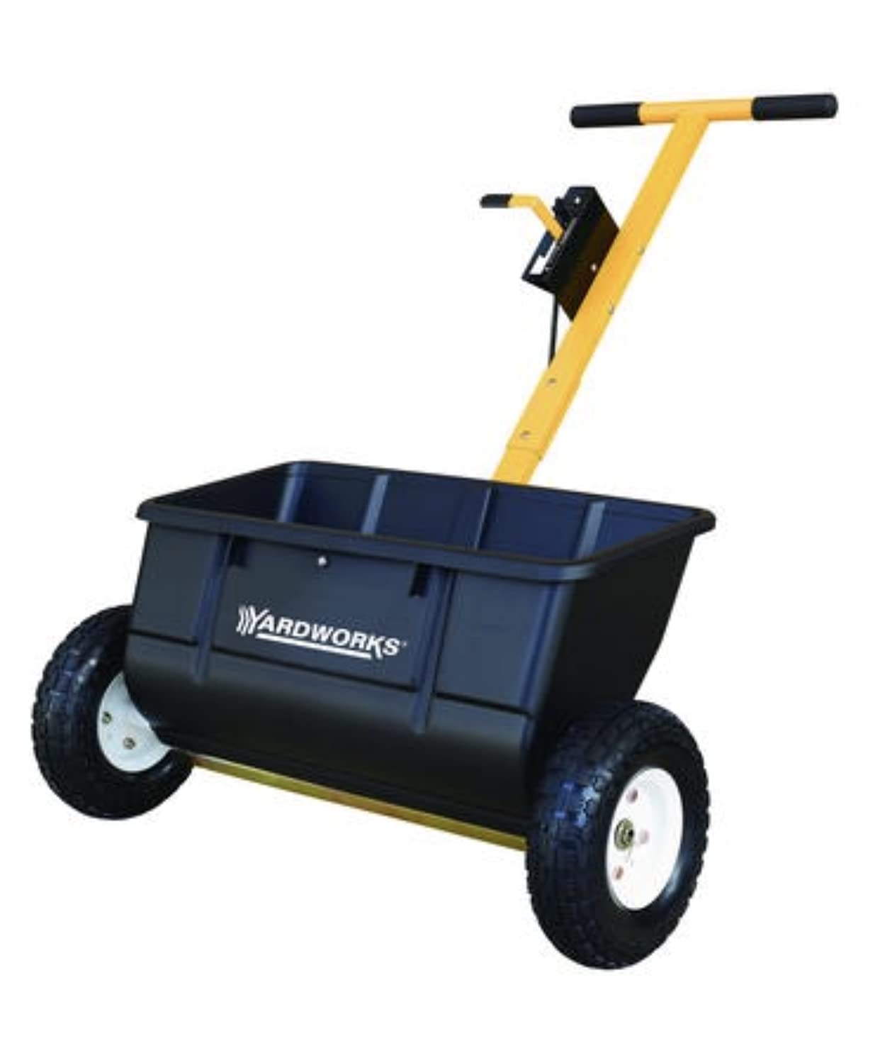 At Home 75 lb Drop Spreader with black poly tray for even seed and fertilizer broadcast