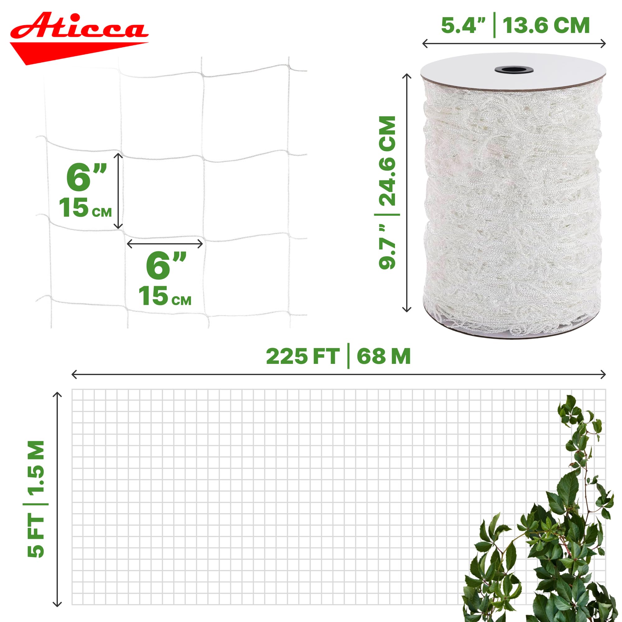 ATICCA heavy-duty polyester trellis netting with 6-inch mesh supports tomatoes and peas.