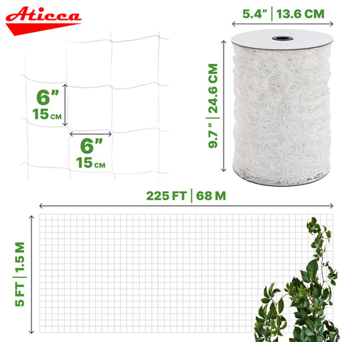 ATICCA heavy-duty polyester trellis netting with 6-inch mesh supports tomatoes and peas.