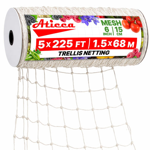 ATICCA trellis netting 5x225ft roll provides sturdy garden support for climbing plants.