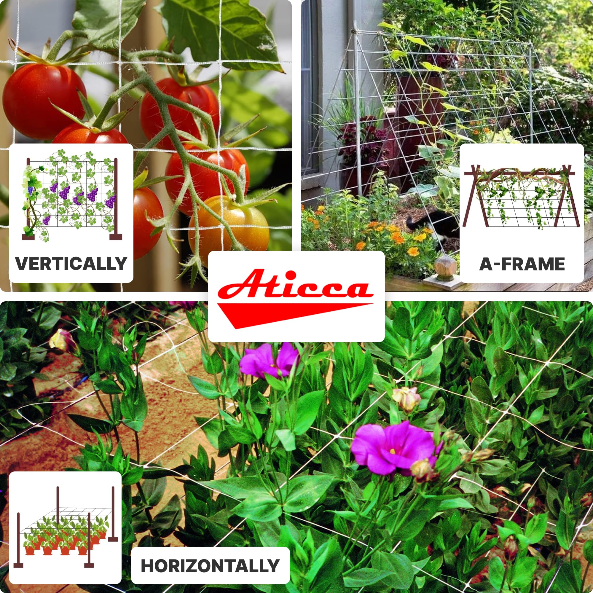 ATICCA Trellis Netting supporting tomatoes, peas, and beans in a garden setup