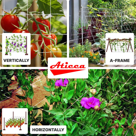 ATICCA Trellis Netting supporting tomatoes, peas, and beans in a garden setup