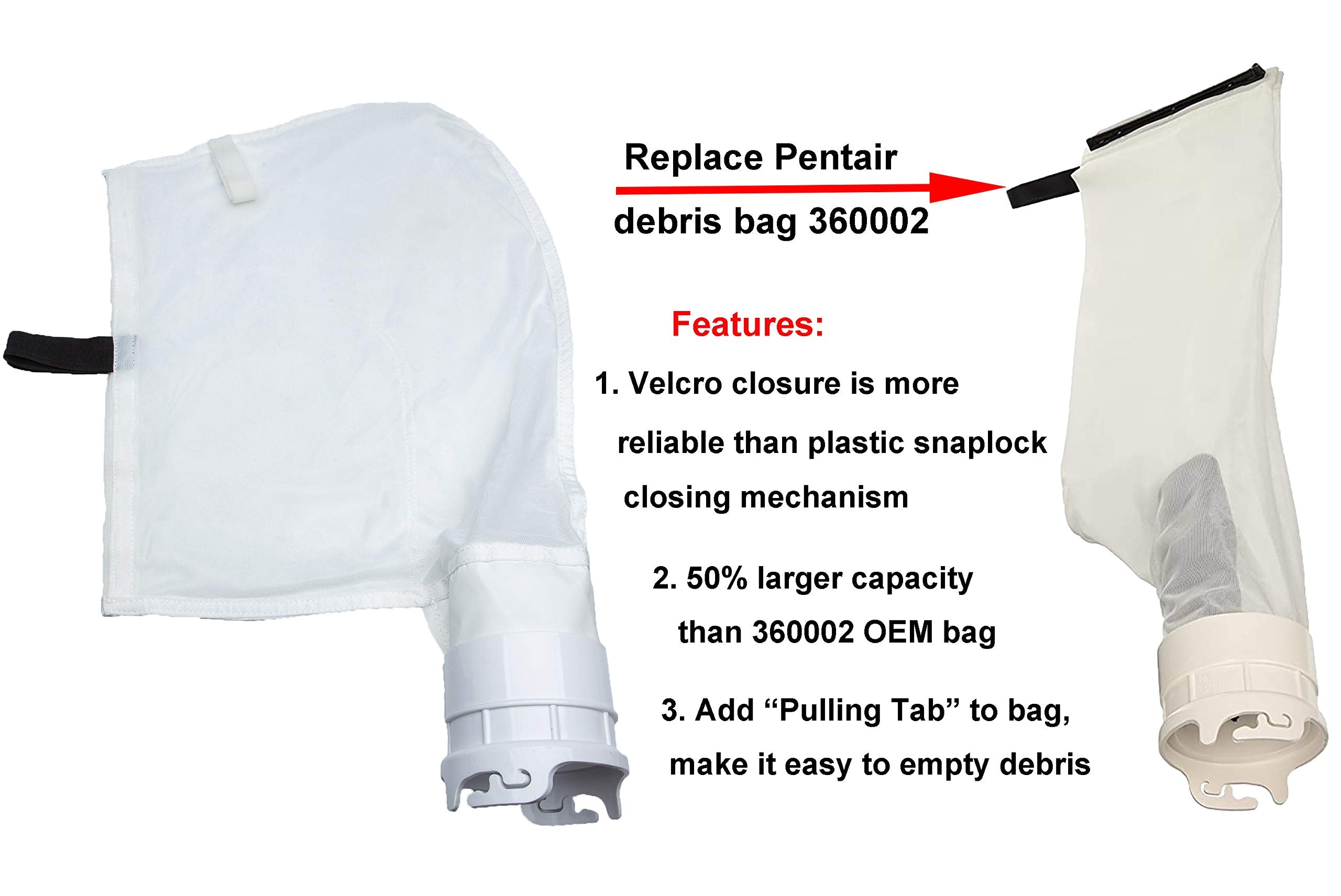 ATIE fine mesh debris bag with 50 percent larger capacity for heavy debris.