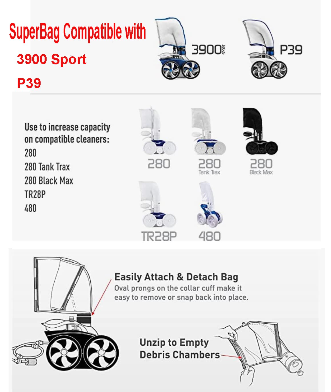 ATIE P39 pool cleaner double chamber bag demonstrating increased debris capacity